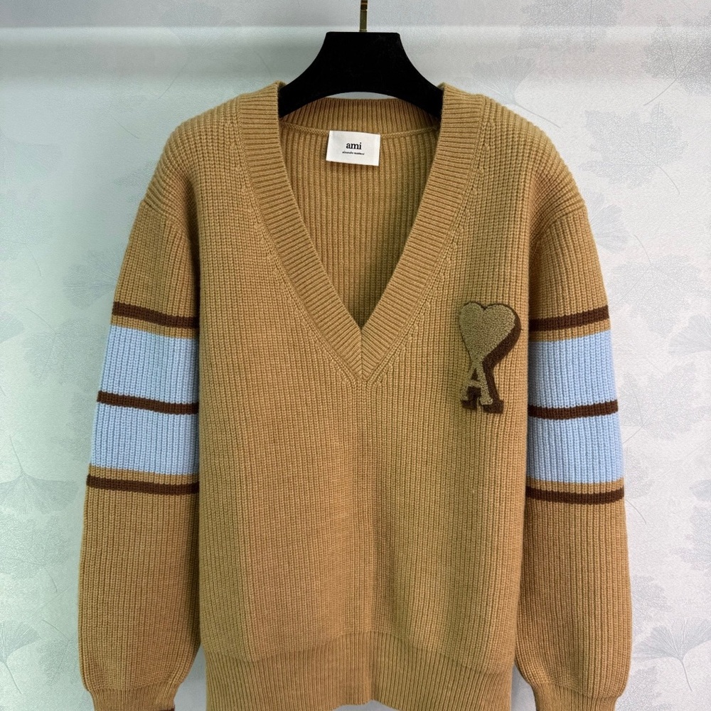Ami Camel V-Neck Sweater with Light Blue Accents